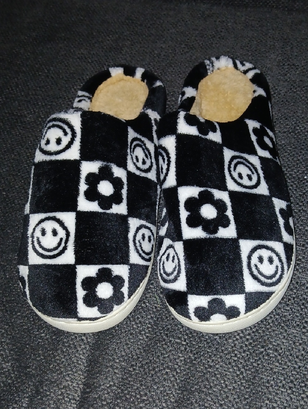 Cozy Black & White Checkerboard Slippers with Smileys